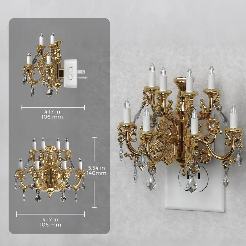 Veilleuses à brancher sur le mur, veilleuse de chandelier en cristal avec capteur de crépuscule à l'aube, luminosité réglable, blanc doux 3000K, veilleuses rotatives rétro (or)