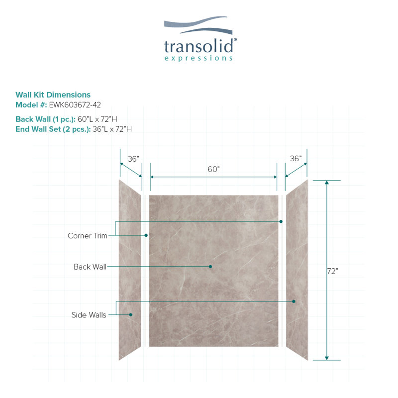 Paroi de douche à 3 panneaux Expressions, Chêne blanchi, H 72 po x l 60 po x P 36 po