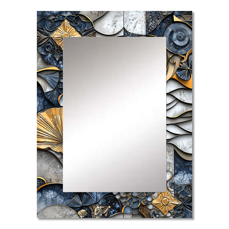 «Blue and Grey Coastal Abstract Tiles II» - miroir décoratif abstrait, miroir mural bleu, impression sur métal, 32 po x 24 po