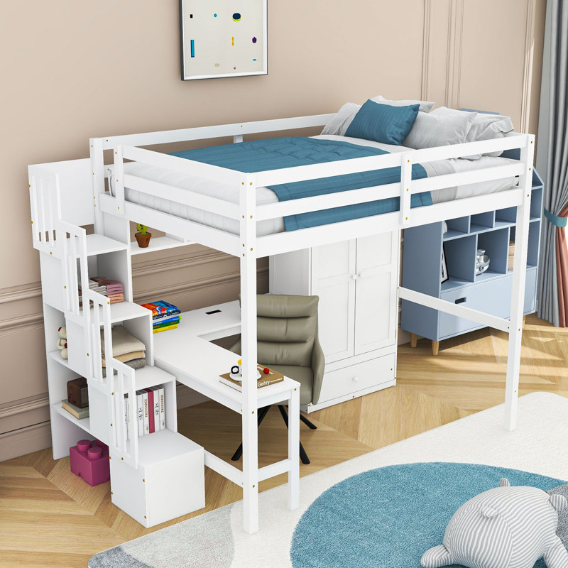 Lit mezzanine double en bois avec bureau, garde-robe, tiroir, tablettes et station de charge, Blanc