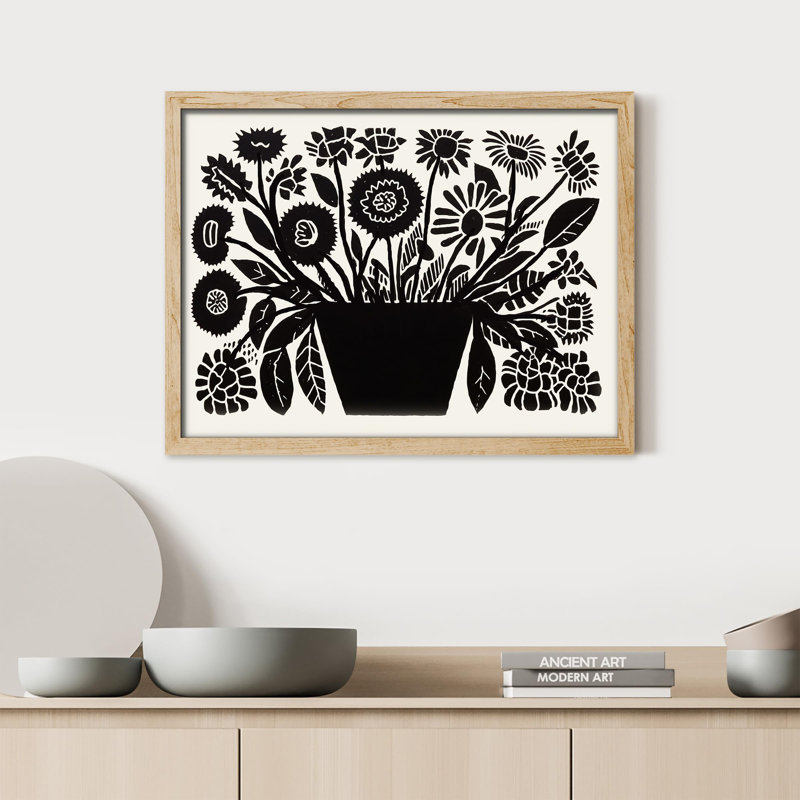 "Silhouette florale en noir et blanc avec motif graphique audacieux et minimaliste" sur papier, Naturel, H 8 po x l 10 po