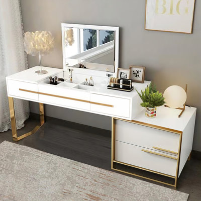 2-in-1 Makeup Vanity with Flip Top Mirror & 4 Drawers Modern Writing Table