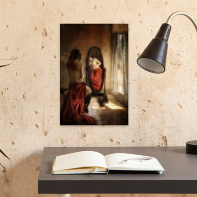 Woman In Red Reflection Classic Dramatic Vintage Wall Art Print 1 Piece Wrapped Canvas Wall Art
