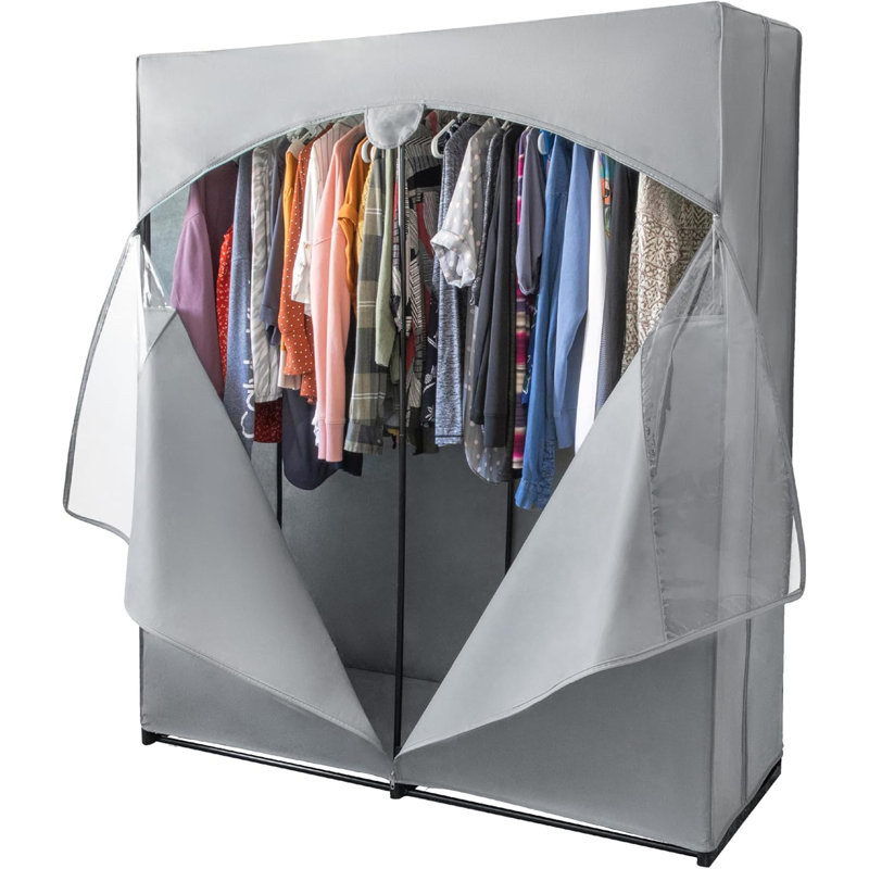 Portable Wardrobe Closet with Metal Hanging Rod, Dark Gray