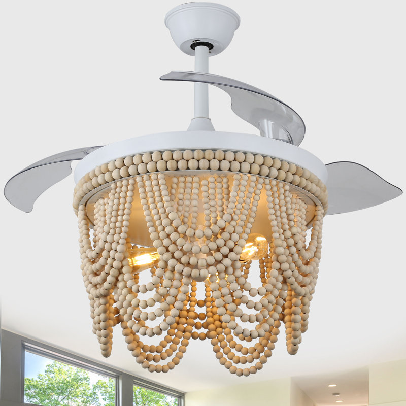 Dayzhane 42in. Boho Retractable Ceiling Fan with Light, 6-Speed Farmhouse Ceiling Fan for Living Room, White