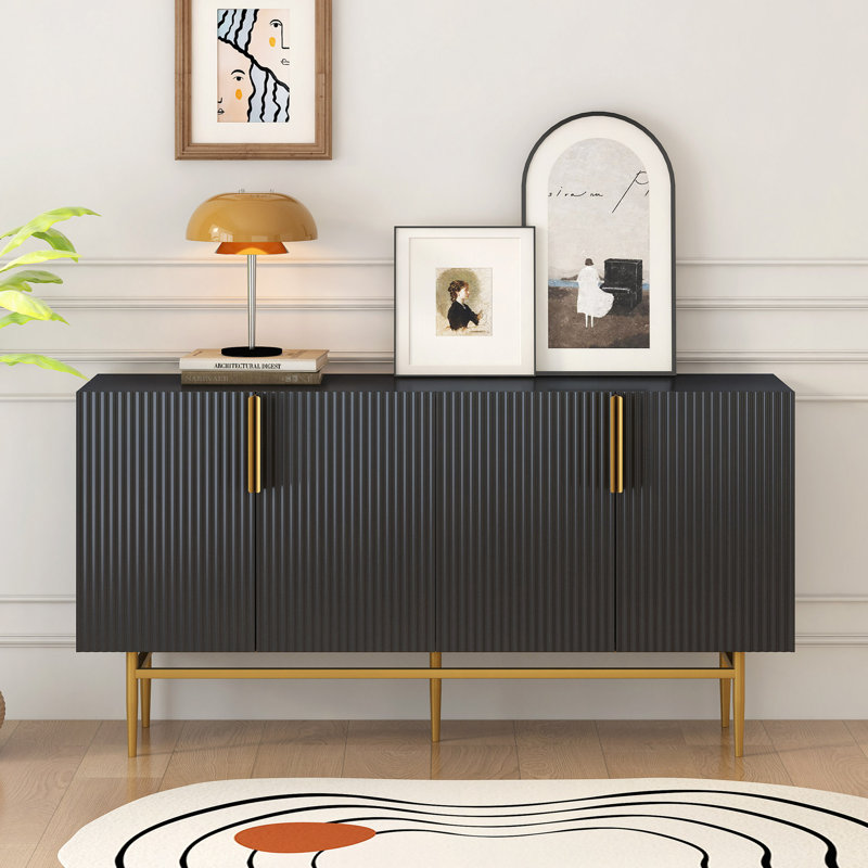 Buffet moderne à 4 portes avec poignée en métal doré pour salle à manger, salon, chambre à coucher et couloir