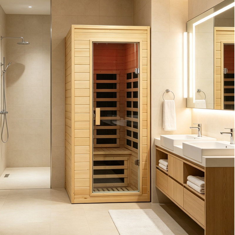 Sauna d'intérieur KISRAIS pour une personne, infrarouge lointain et à faible champ électromagnétique, avec lampe de lecture DEL, lumière rouge, minuterie et haut-parleurs Bluetooth. Fabriqué en pruche du Canada.
