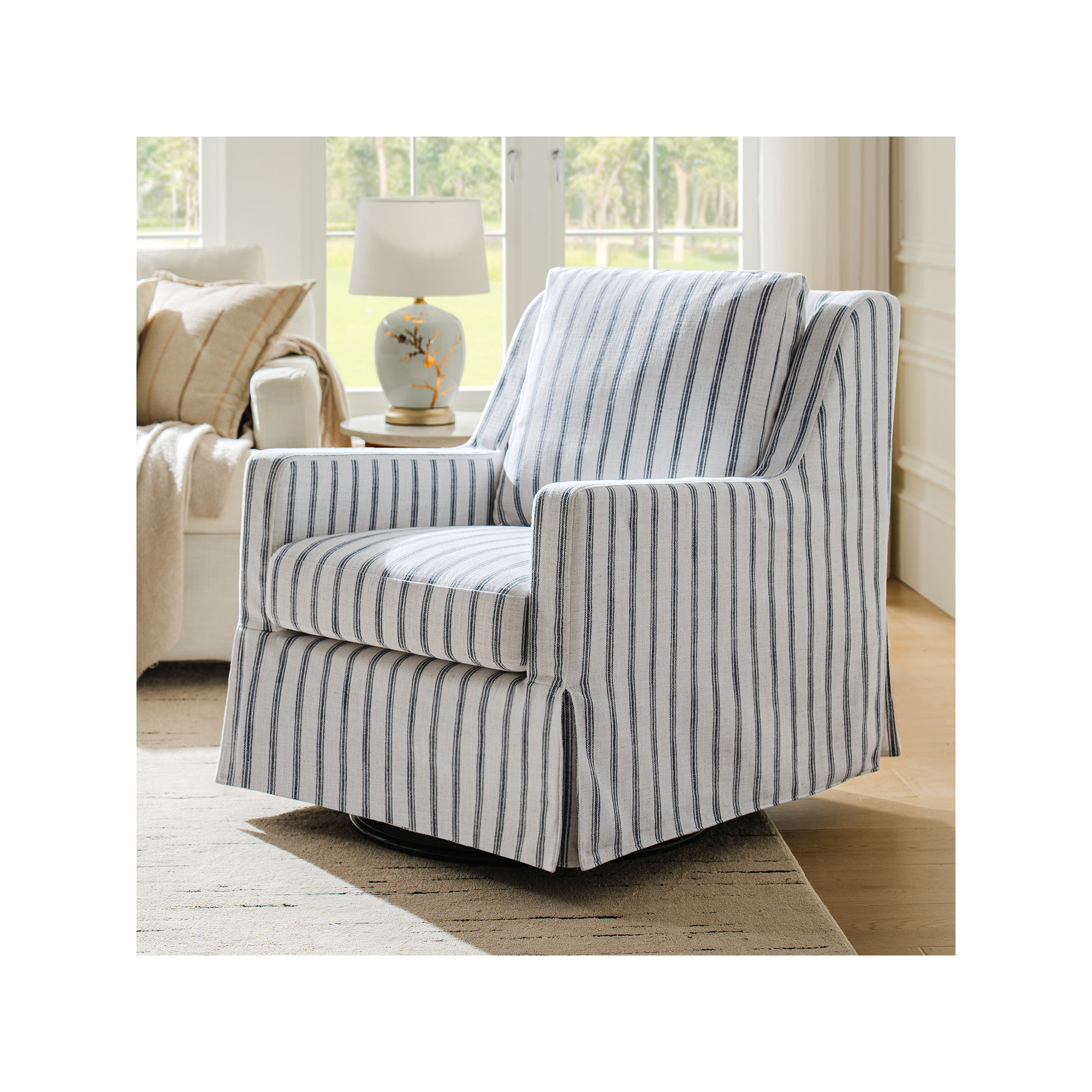 Minni Farmhouse Swivel Rocking Chair, Navy