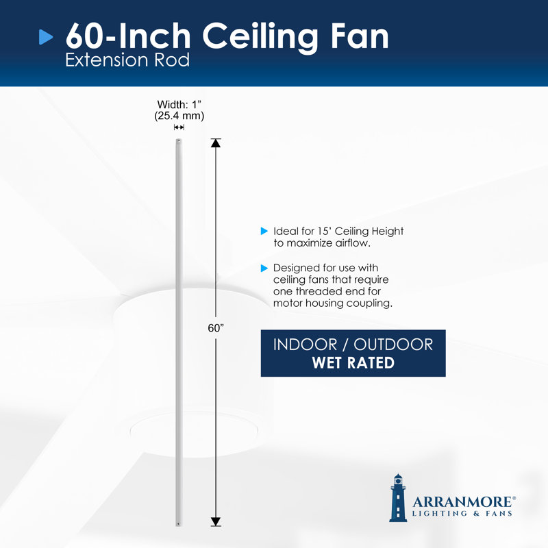 Steel Fan Threaded End Downrod, White, 60" H x 1.25" W x 1.25" D