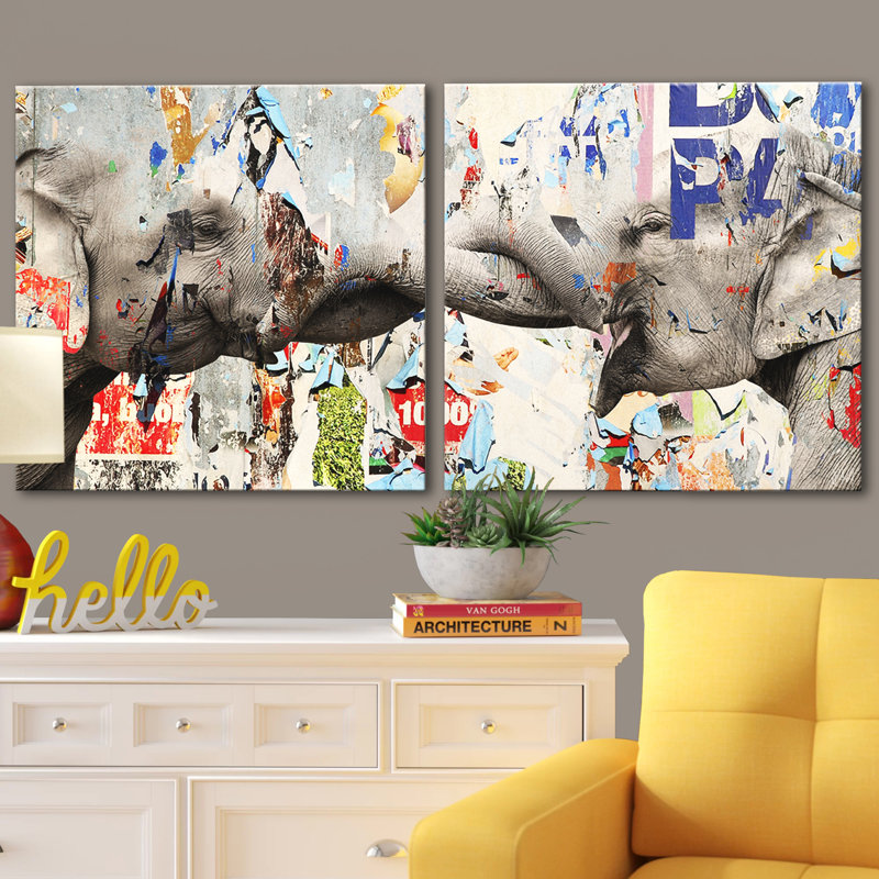 « Saddle Ink Elephant VI » par Tristan Scott - reproduction de deux images sur toile tendue, H 20 po x l 40 po, Pas de tapis