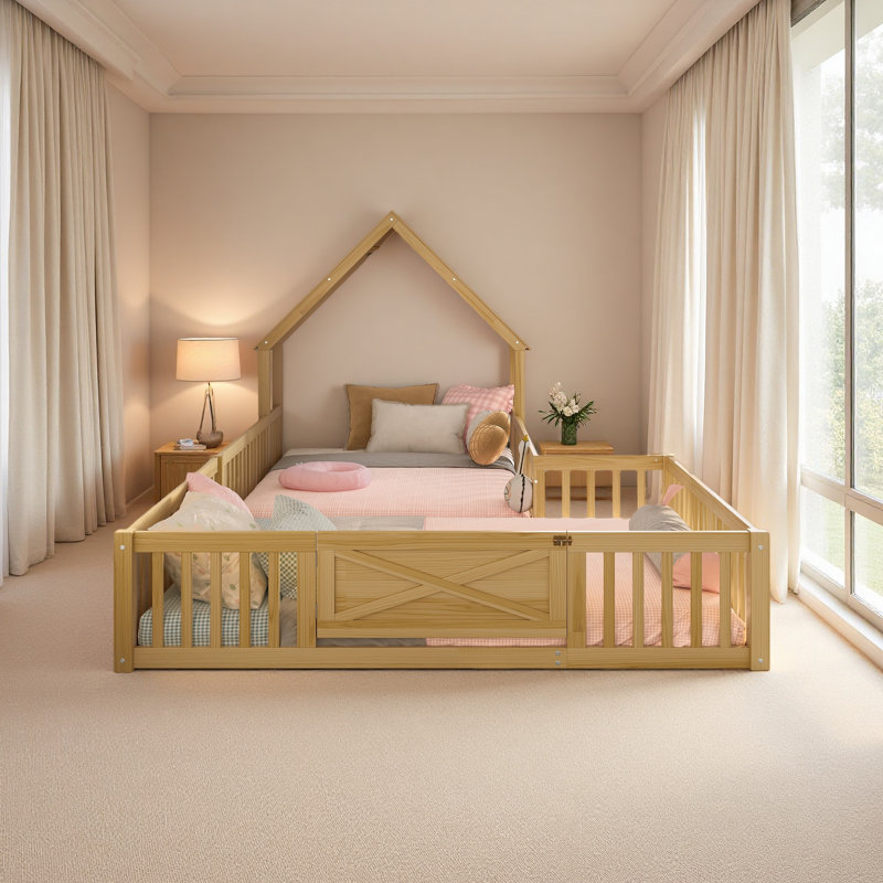 Lit de maison, lit de plancher avec porte et garde-corps pleine longueur, conception multifonctionnelle, Naturel, Lit double