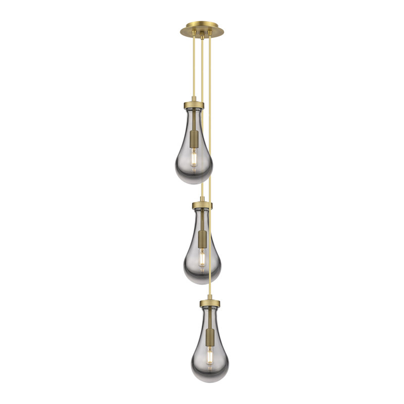 Luminaire suspendu à 3 lumières Schroder, Laiton brossé, Gris fumée clair