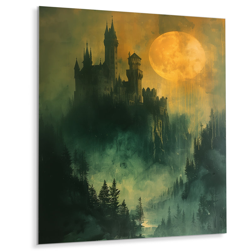 Lune rétro sur château fort de vampire II - Châteaux, art mural, salon, Métal métal, H 20 po x l 12 po x P 1 po