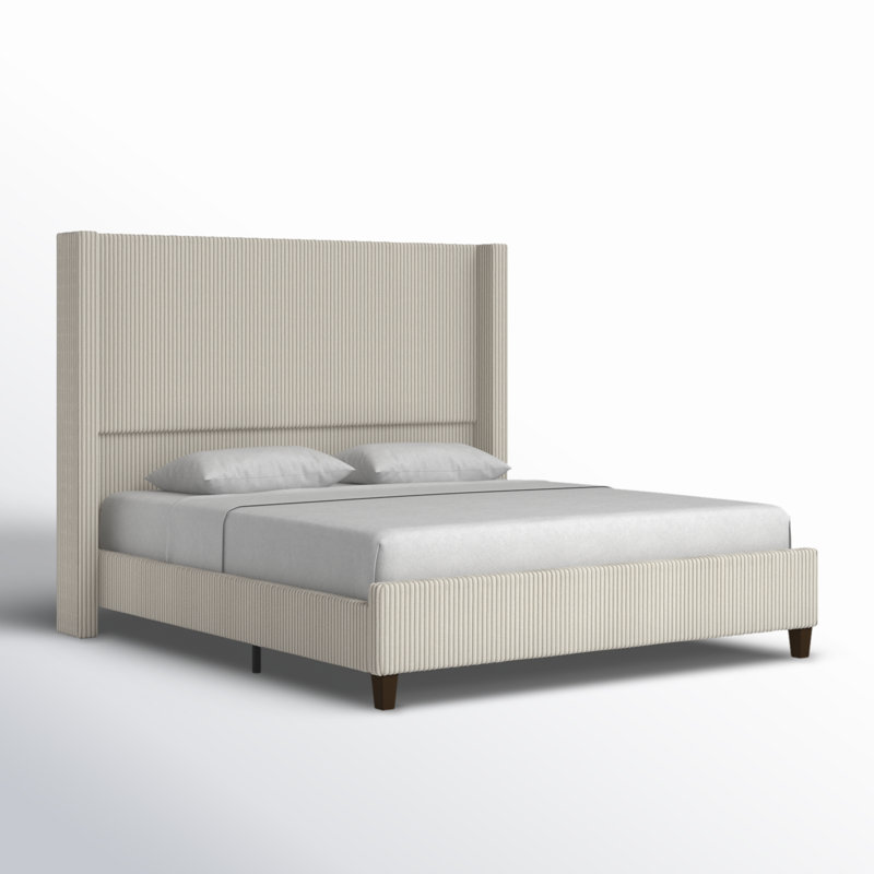 Cream Corduroy Upholstered King Bed with Wingback Headboard