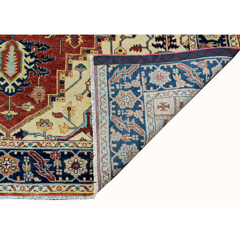 Tapis carré rouge / bleu en laine noué à la main, Carré 4 pi x 4 pi