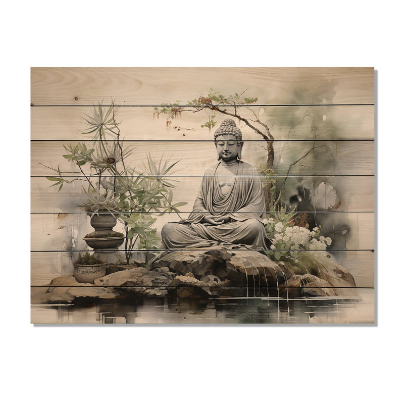 Zen Garden I - Bouddhisme, art mural sur bois de pin naturel, H 10 po x l 20 po