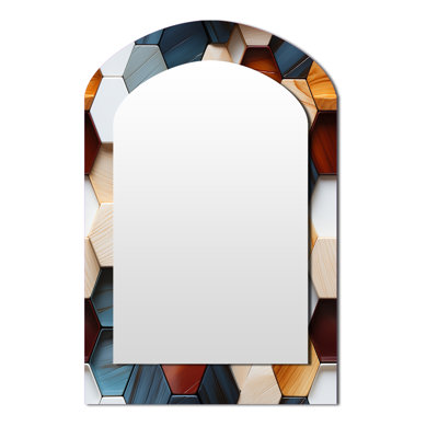 Orange et hexagones gris angulaires - miroir arqué géométrique, miroir mural décoratif asymétrique blanc, impression d'art en métal