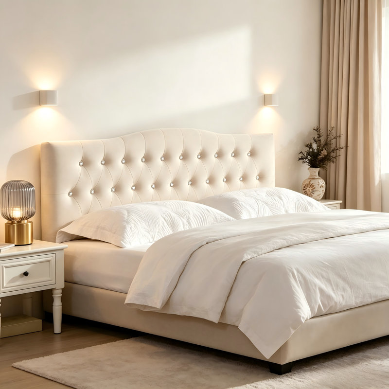 Tête de lit en lin à boutons en losange, hauteur réglable, Lit simple, Bouton diamant - beige