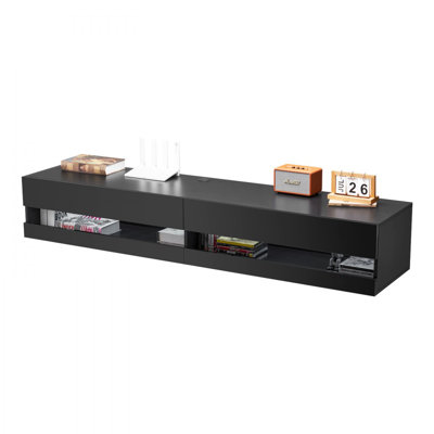 Meuble télé flottant, meuble télé mural 71 po avec prise de courant et lumières DEL, tablette télé flottante moderne avec 2 tiroirs et armoire de rangement pour lecteur DVD, boîte de câble, console de jeu, noir
