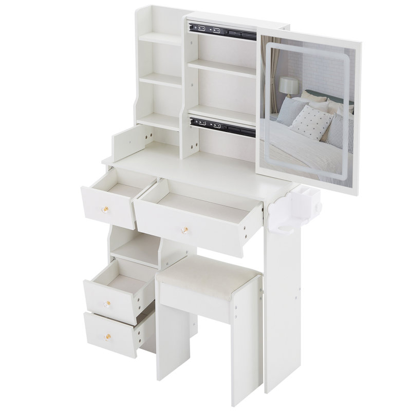 29.2" Small Size Left Drawer Desktop Vanity Table + Cushioned Stool