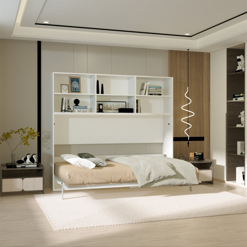 Lit escamotable horizontal avec tablettes de rangement et lattes de soutien pour la chambre à coucher, Simple