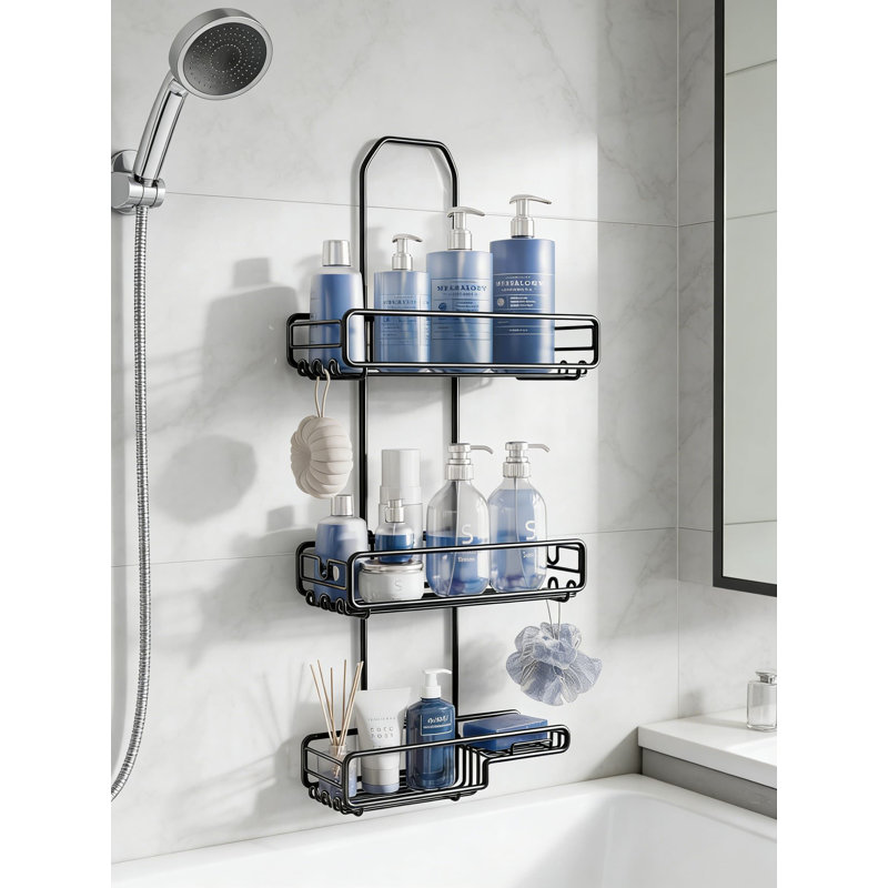 Overhead Shower Caddy Organizer With Adjustable Length - Extra Large 3-Tier Bathroom Storage Shelf With Soap Holder And Hooks For Tall Shampoo Bottles