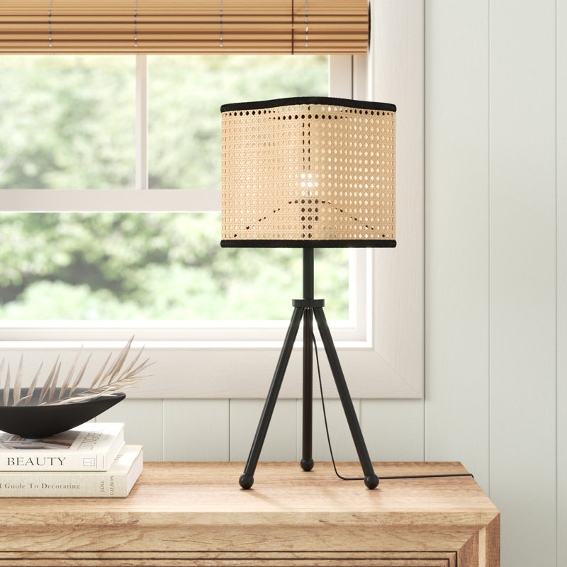 Black Iron Tripod Table Lamp with Rattan Shade