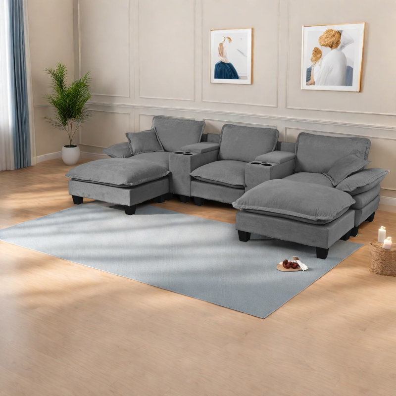 Canapés modulaires en chenille gris, en forme de U moderne avec rangement, USB et coussins
