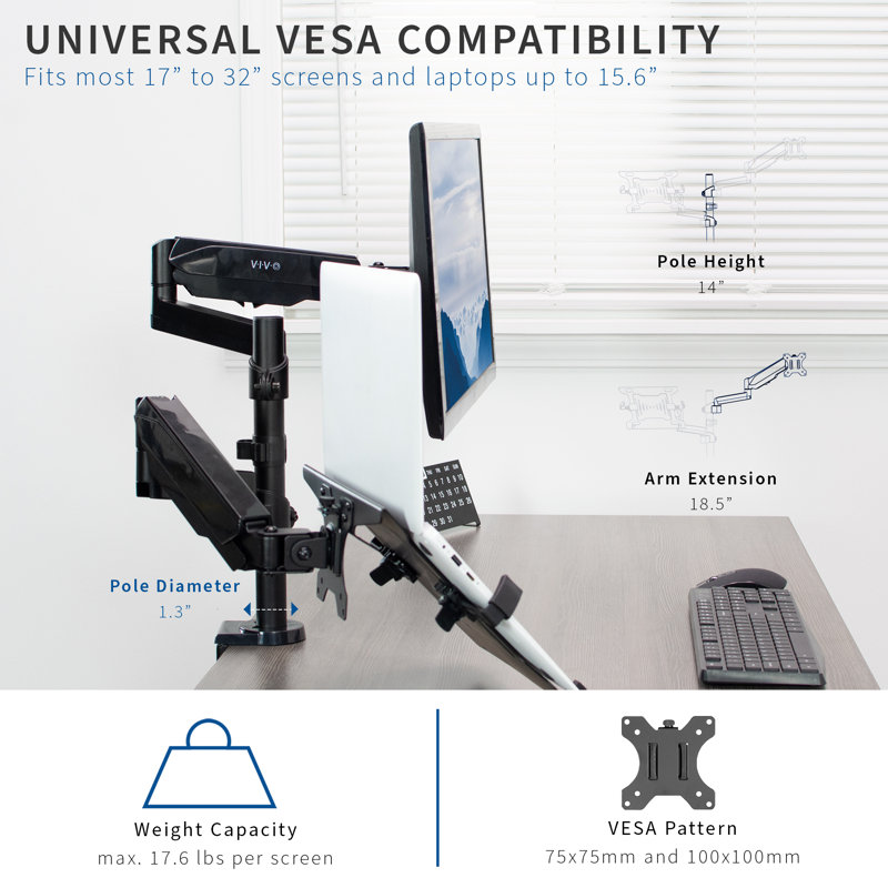 Vivo Pneumatic Adjustable Dual Arm Desk Mount for 17"-32" Monitor and 10"-15.6" Laptop