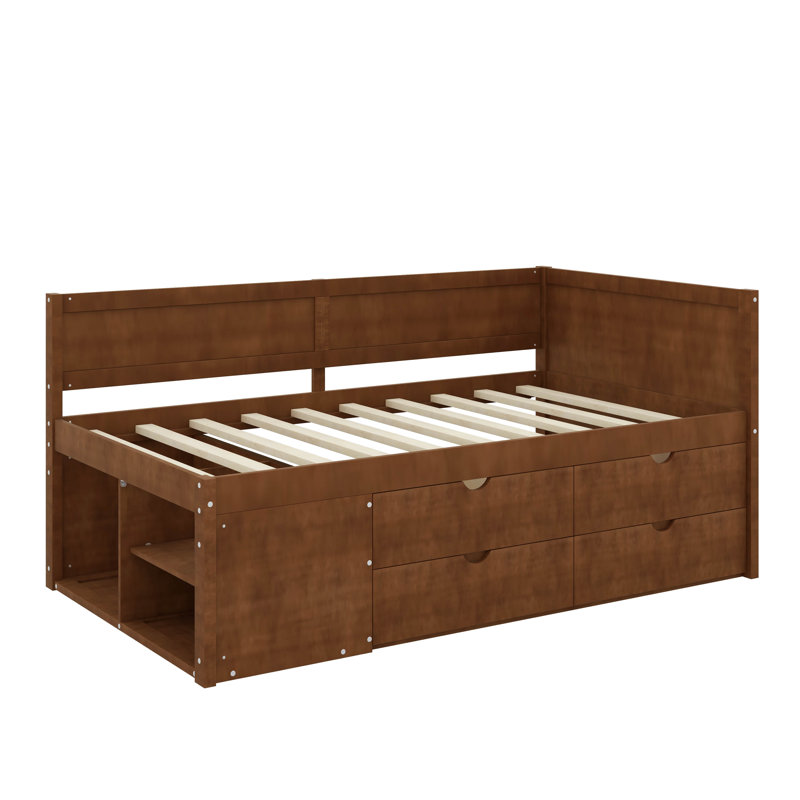 Lit de jour avec tiroirs et tablettes, Noyer, Lit simple