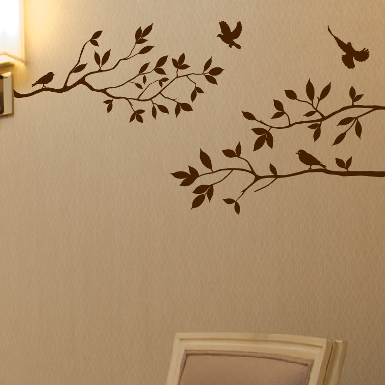 Adhésif mural branches d'arbre avec oiseaux, Brun mat