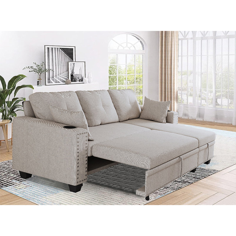 Canapé-lit à accoudoirs carrés 85 po, Tissu beige