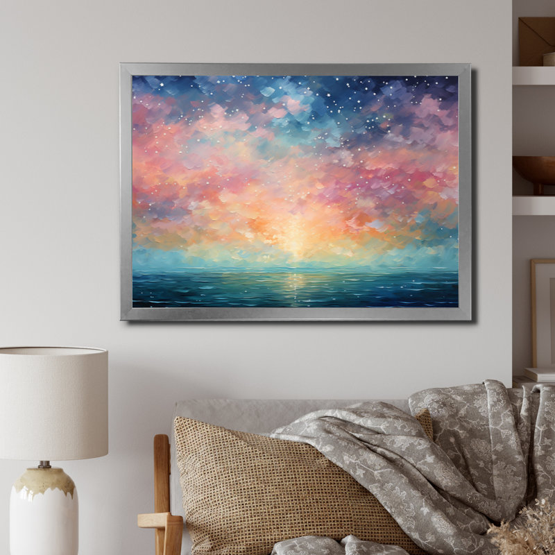 Ciel coloré, mirage céleste I - impression, Cadre simple argenté, H 30 po x l 40 po x P 1,5 po
