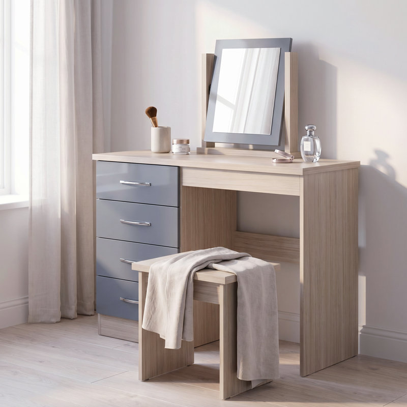 Cascio Dressing Table Set with Mirror, Grey Gloss/Light Oak Effect Veneer
