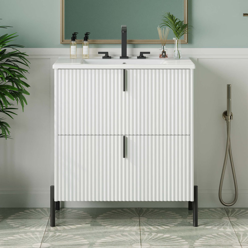 Meuble-lavabo autoportant de 30 po avec lavabo en céramique muni de poignées verticales et de tiroirs pleine extension, Blanc