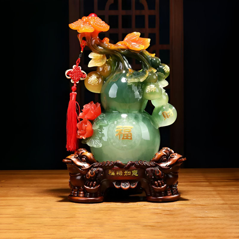 Auspicieuse gourde en résine - Décoration traditionnelle de Feng Shui, Vert/brun