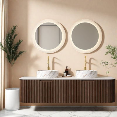 Meuble-lavabo mural moderne avec lavabo, armoire de rangement en noyer foncé et lavabo en céramique durable