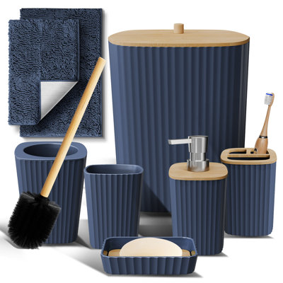 Ensemble complet d'accessoires de salle de bain 8 pièces avec accents en bambou, poubelle, brosse de toilette et 2 tapis de bain inclus