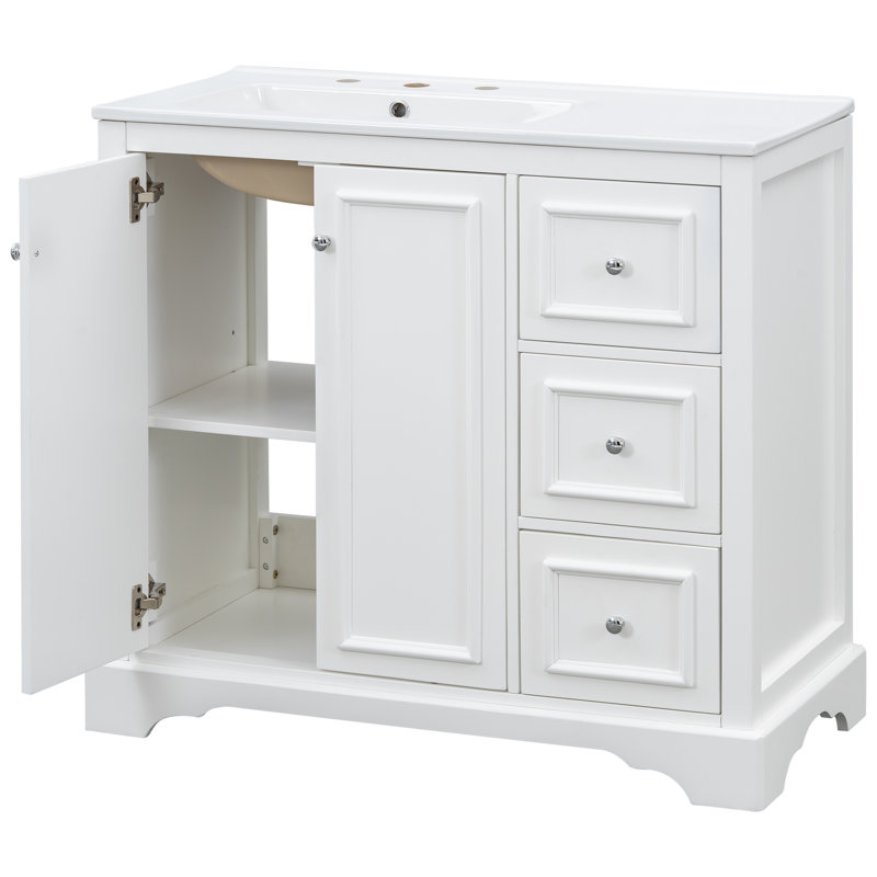 36" Bathroom Vanity With Ceramic Top, Drawers And Cabinet, White