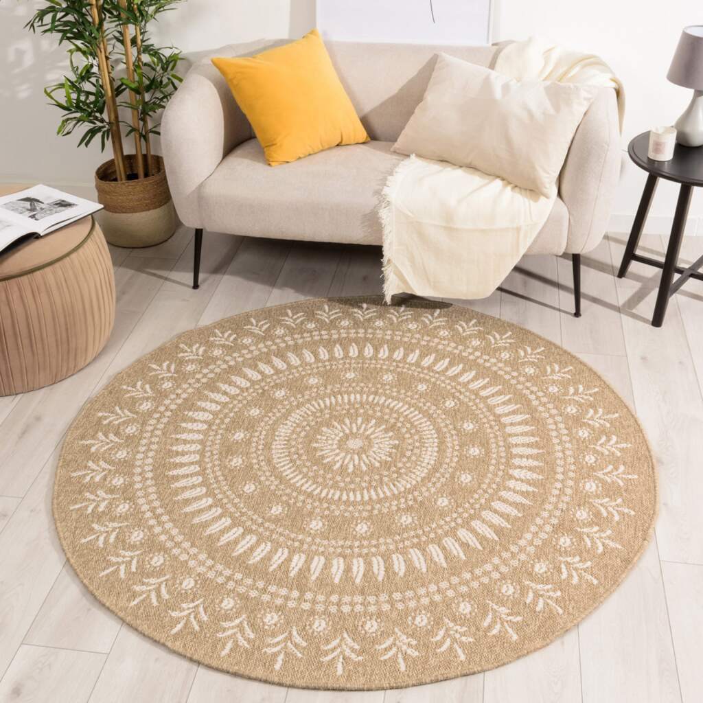 Teppich Wohnzimmer Jute-Look Beige - Boho-Stil Ornamente - In-& Outdoor-Teppich