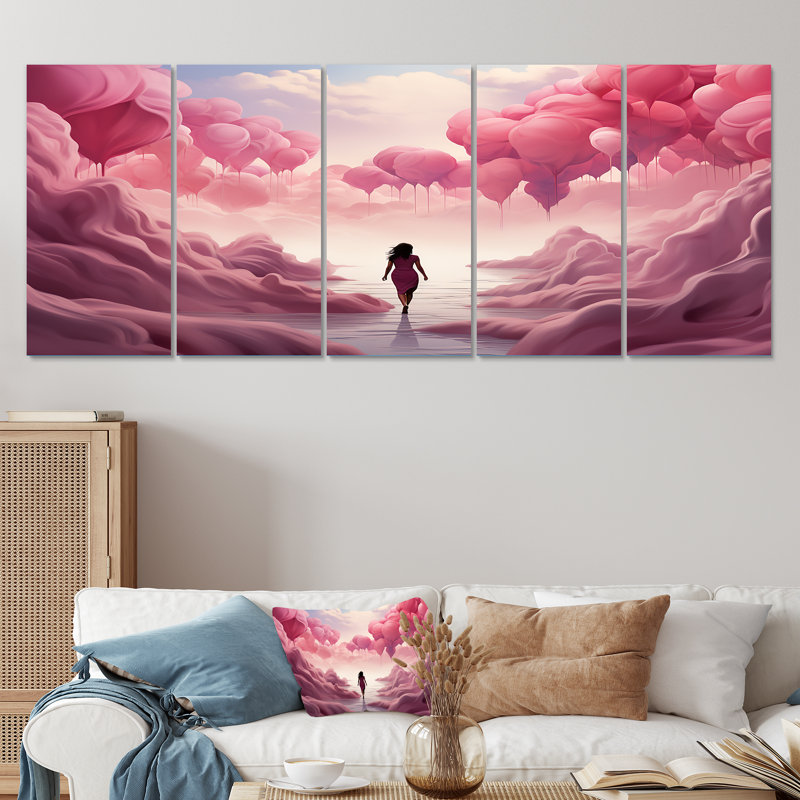 «Rose and White Air Balloon Solitude II - Abstract Landscape», art mural 5 pièces, H 32 po x l 80 po