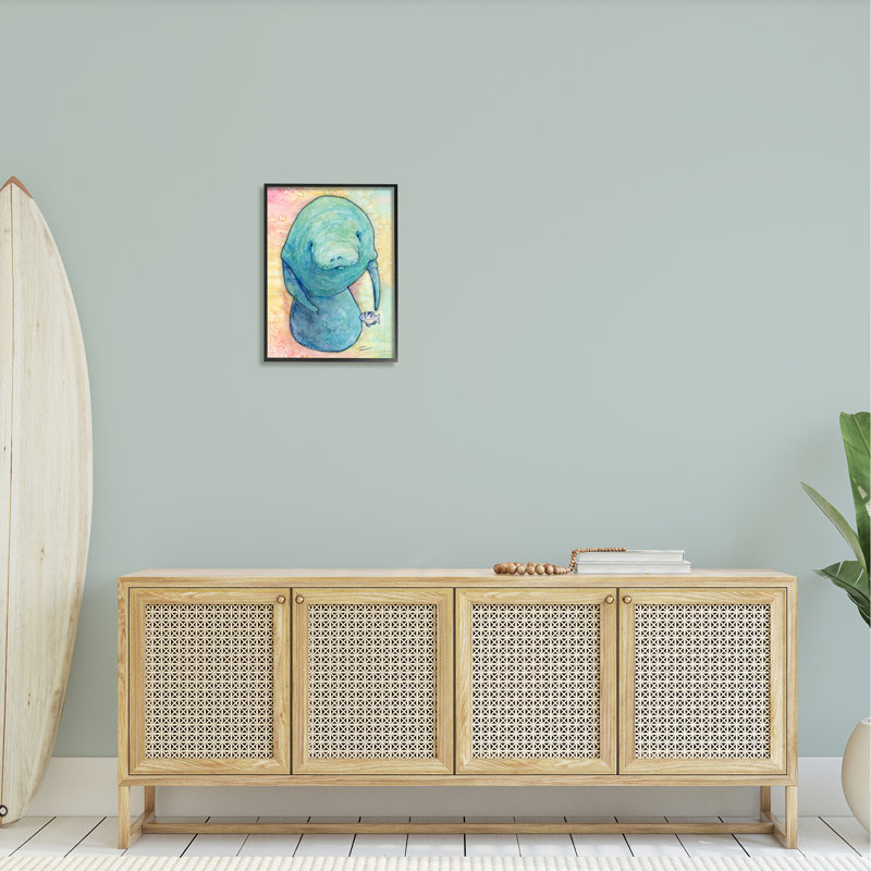 Lamantin aquatique parmi les poissons, H 20 po x l 16 po x P 1,5 po, Giclée encadrée noir minuit