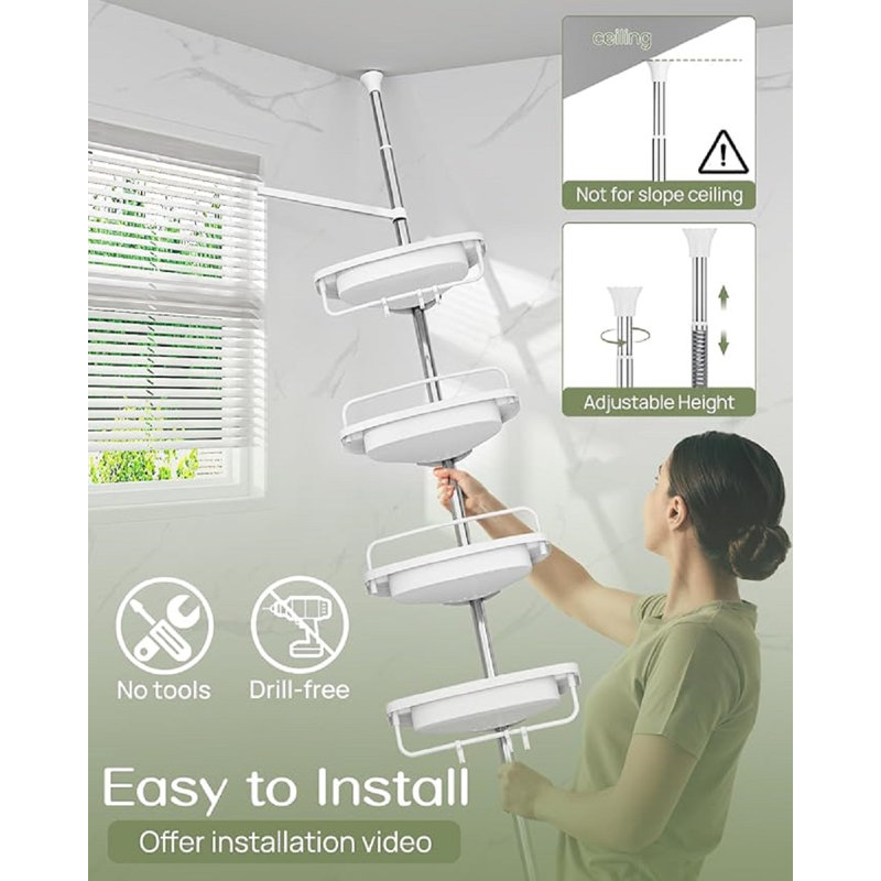 Rustproof Shower Caddy Corner For Bathroom, Bathtub Storage Organizer For Shampoo Accessories, 4-Tier Adjustable Shelves With Tension Pole, Fit Height 39 To 113 Inch