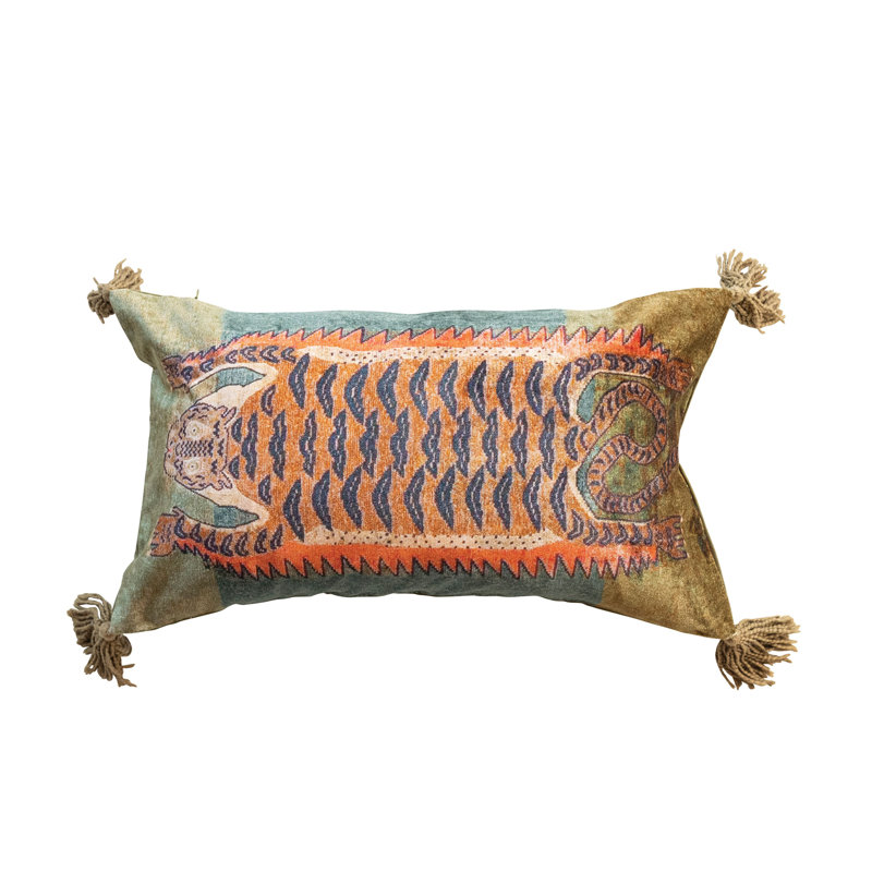 Multicolor Cotton Velvet Tiger Lumbar Pillow with Tassels