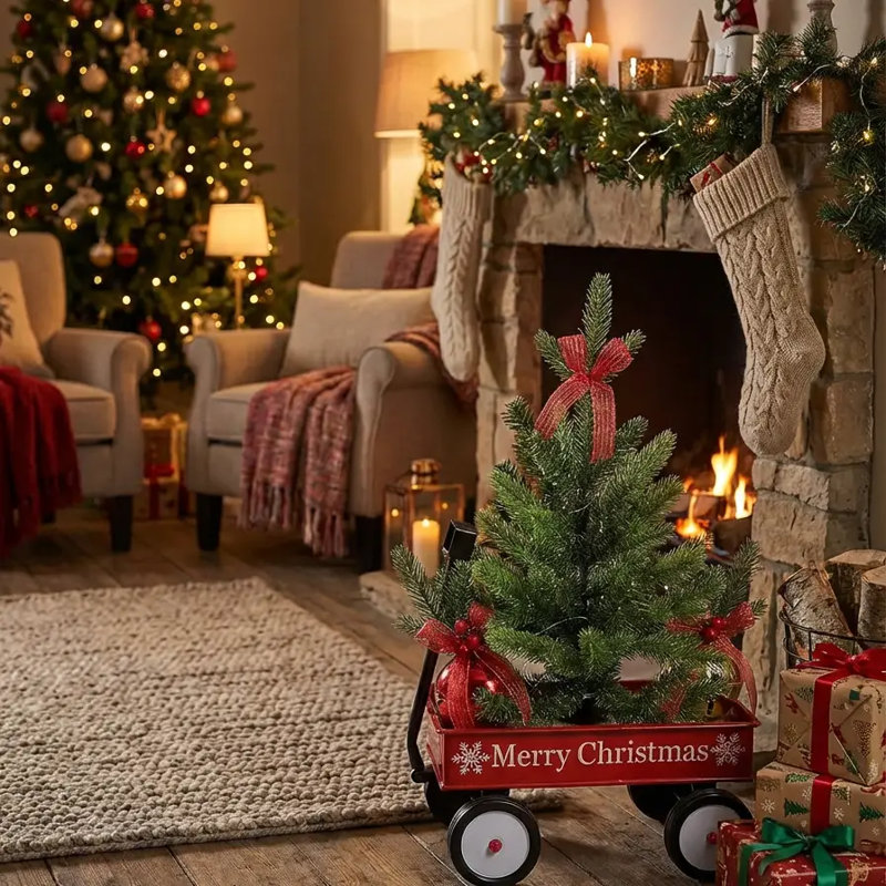 20" Pine Tree In Red Tin Wagon