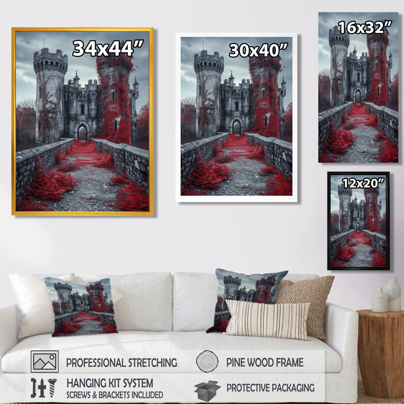Monochromes gris, rouge, automne, Angleterre, château I - châteaux, art mural, salon, Toile tendue