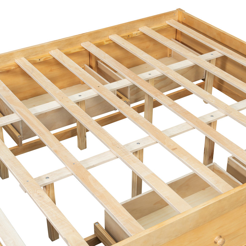 Modern Platform Bed Frame with 4 Drawers & Footboard Storage Cubby, Natural