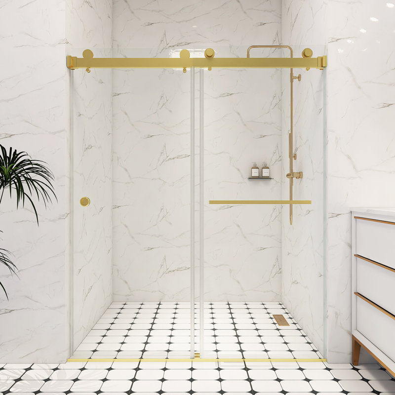 55" - 59" X 72" Frameless Double Sliding Shower Door With 8Mm Tempered Glass, Brushed Gold