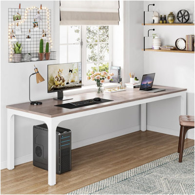 Bureau d'ordinateur extra long 78,7 po pour 2 personnes, double poste de travail pour le bureau à domicile, bureau collaboratif moderne avec pieds en acier robuste, finition chêne et blanc