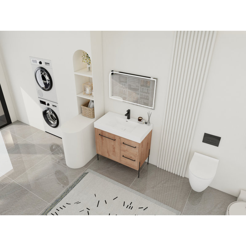 Meuble-lavabo sur pied 36 po avec lavabo en résine blanche et porte d'armoire à fermeture douce et 2 tiroirs ((KD-PACKING)